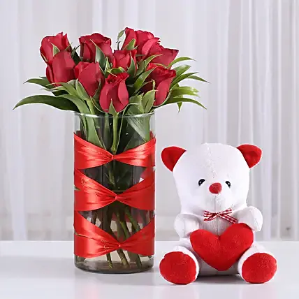  Roses Vase & Teddy Bear Combo